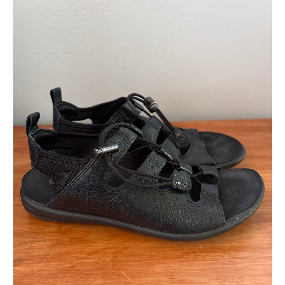 ECCO Jab Toggle Sandals Womens 6.5 EU 37 Black Leather Strappy Shoes Bungee Lace